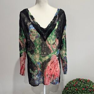 Alberto Makali Black Multicolor Abstract V-Neck Blouse Sz L